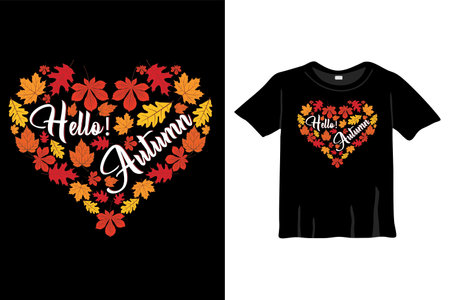 Hello Autumn Typography T Shirt Design vector Template Fall season. Hello Autumn Typography with tree leaves for men man women woman kids girls boys mug cup cap.のイラスト素材