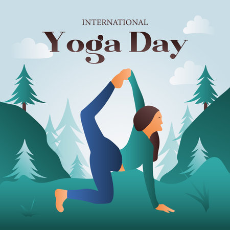 International Yoga Day. Woman practicing yoga in the mountains. Vector illustration.のイラスト素材