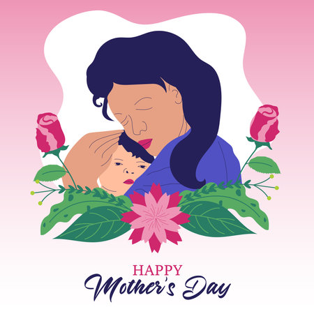 Happy mother's day greeting card. Mom hugs her baby. Vector illustration.のイラスト素材