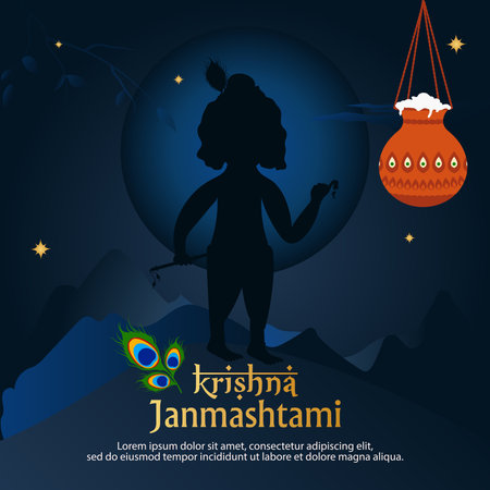 Krishna Janmashtami Celebration Post With Lord Krishna and Hanging Dahi Handiのイラスト素材