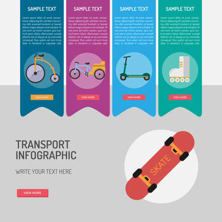 Means of transport infographic in colorful paper banner: skateboard, roller skate, penny farthing bike, scooter, and bike.のイラスト素材