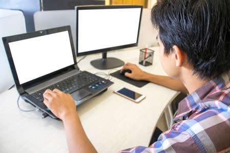 Man is working with a white screen | Businessmanの写真素材