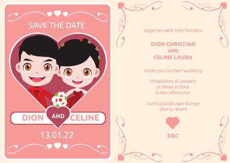 Template Wedding Invitation with the couple inside the red heart shape.のイラスト素材