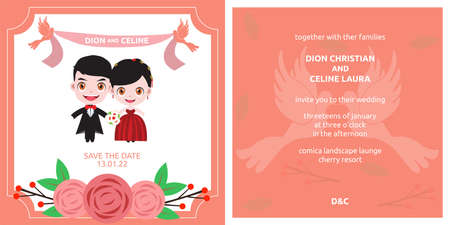 Template Wedding Invitation with two cute couples, dove and flowers.のイラスト素材
