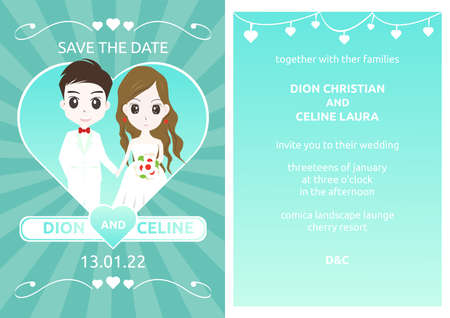 Template Wedding Invitation with the couple in green heart shape.のイラスト素材
