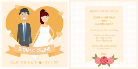 Template Wedding yellow floral Invitation with bride and groom.のイラスト素材