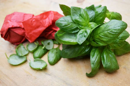 Basil leaves on natural woodの写真素材