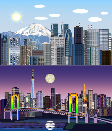 Tokyo, Japan, Asia - Day to Night Vector Kitのイラスト素材