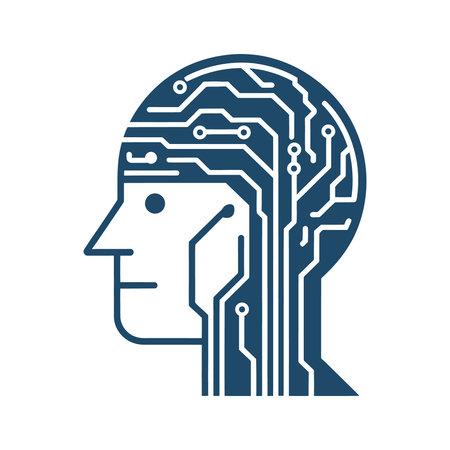 A blue and white circuit board design of a human head