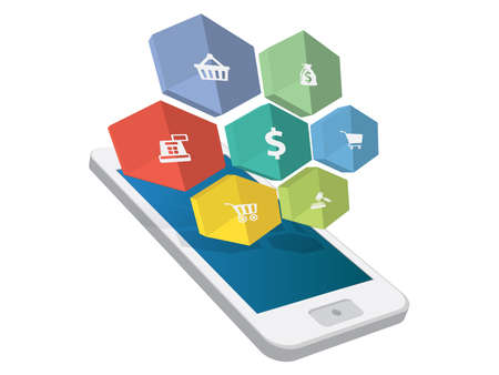 3d open smartphone with cloud of ecommerce iconsのイラスト素材