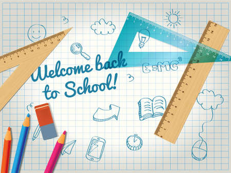 Back to school poster with doodles, rulers and pencilsのイラスト素材