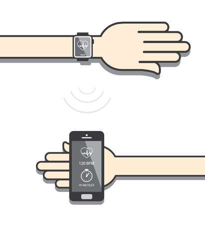 Smartwatch and smartphone communication. Smartwatch sending fitness information to smartphone via wireless connectionのイラスト素材