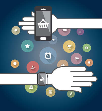 Smartwatch and Smart phone with colorful Ecommerce Iconsのイラスト素材