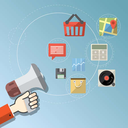 Digital marketing concept - Flat design stylish vector illustration megaphone with colorful application icons on online mediaのイラスト素材