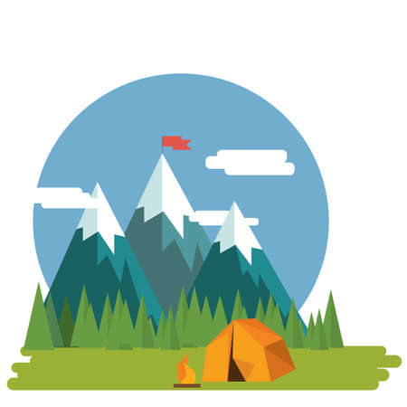 Flat design nature landscape illustration of  mountains and forrestのイラスト素材