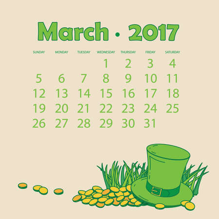 Calendar for march . Calendar with a green hat and gold coins. St. Patrick's Dayのイラスト素材