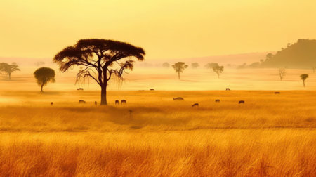 This breathtaking panorama of an African landscape is the perfect image to capture the dreamy beauty of the continent. With the vibrant colors of the orange sky and the majestic mountains in the background, it's a stunning scene that inspires awe and wonder. Africa, landscape, panorama, dreamy, sky,の素材