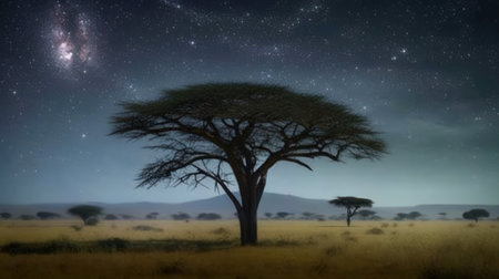 This breathtaking panorama of an African landscape is the perfect image to capture the dreamy beauty of the continent. With the vibrant colors of the orange sky and the majestic mountains in the background, it's a stunning scene that inspires awe and wonder. Africa, landscape, panorama, dreamy, sky,の素材