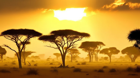 This breathtaking panorama of an African landscape is the perfect image to capture the dreamy beauty of the continent. With the vibrant colors of the orange sky and the majestic mountains in the background, it's a stunning scene that inspires awe and wonder. Africa, landscape, panorama, dreamy, sky,の素材