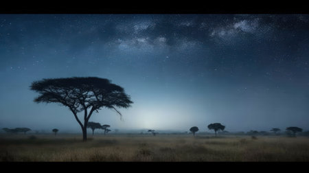 This breathtaking panorama of an African landscape is the perfect image to capture the dreamy beauty of the continent. With the vibrant colors of the orange sky and the majestic mountains in the background, it's a stunning scene that inspires awe and wonder. Africa, landscape, panorama, dreamy, sky,の素材