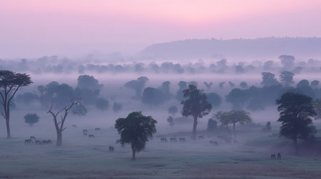 This breathtaking panorama of an African landscape is the perfect image to capture the dreamy beauty of the continent. With the vibrant colors of the orange sky and the majestic mountains in the background, it's a stunning scene that inspires awe and wonder. Africa, landscape, panorama, dreamy, sky,の素材