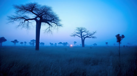 This breathtaking panorama of an African landscape is the perfect image to capture the dreamy beauty of the continent. With the vibrant colors of the orange sky and the majestic mountains in the background, it's a stunning scene that inspires awe and wonder. Africa, landscape, panorama, dreamy, sky,の素材