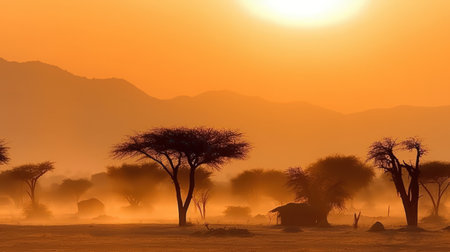 This breathtaking panorama of an African landscape is the perfect image to capture the dreamy beauty of the continent. With the vibrant colors of the orange sky and the majestic mountains in the background, it's a stunning scene that inspires awe and wonder. Africa, landscape, panorama, dreamy, sky,の素材