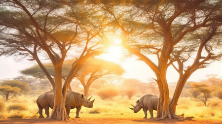 This breathtaking panorama of an African landscape is the perfect image to capture the dreamy beauty of the continent. With the vibrant colors of the orange sky and the majestic mountains in the background, it's a stunning scene that inspires awe and wonder. Africa, landscape, panorama, dreamy, sky,の素材