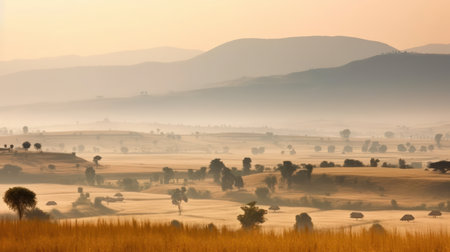 This breathtaking panorama of an African landscape is the perfect image to capture the dreamy beauty of the continent. With the vibrant colors of the orange sky and the majestic mountains in the background, it's a stunning scene that inspires awe and wonder. Africa, landscape, panorama, dreamy, sky,の素材
