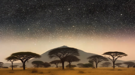 This breathtaking panorama of an African landscape is the perfect image to capture the dreamy beauty of the continent. With the vibrant colors of the orange sky and the majestic mountains in the background, it's a stunning scene that inspires awe and wonder. Africa, landscape, panorama, dreamy, sky,の素材
