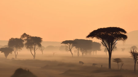 This breathtaking panorama of an African landscape is the perfect image to capture the dreamy beauty of the continent. With the vibrant colors of the orange sky and the majestic mountains in the background, it's a stunning scene that inspires awe and wonder. Africa, landscape, panorama, dreamy, sky,の素材