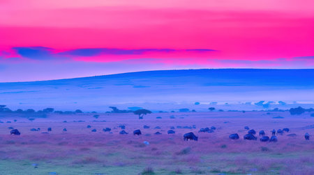 This breathtaking panorama of an African landscape is the perfect image to capture the dreamy beauty of the continent. With the vibrant colors of the orange sky and the majestic mountains in the background, it's a stunning scene that inspires awe and wonder. Africa, landscape, panorama, dreamy, sky,の素材