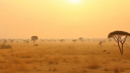 This breathtaking panorama of an African landscape is the perfect image to capture the dreamy beauty of the continent. With the vibrant colors of the orange sky and the majestic mountains in the background, it's a stunning scene that inspires awe and wonder. Africa, landscape, panorama, dreamy, sky,の素材