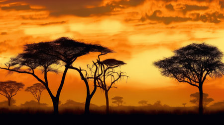 This breathtaking panorama of an African landscape is the perfect image to capture the dreamy beauty of the continent. With the vibrant colors of the orange sky and the majestic mountains in the background, it's a stunning scene that inspires awe and wonder. Africa, landscape, panorama, dreamy, sky,の素材