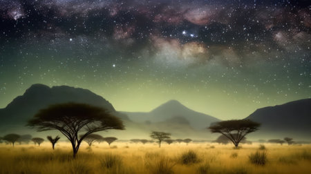 This breathtaking panorama of an African landscape is the perfect image to capture the dreamy beauty of the continent. With the vibrant colors of the orange sky and the majestic mountains in the background, it's a stunning scene that inspires awe and wonder. Africa, landscape, panorama, dreamy, sky,の素材