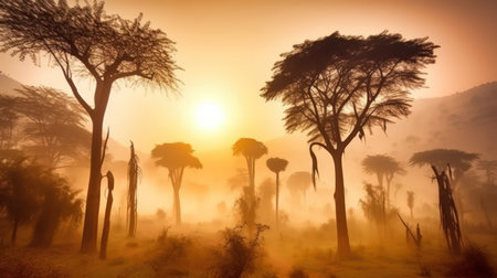 This breathtaking panorama of an African landscape is the perfect image to capture the dreamy beauty of the continent. With the vibrant colors of the orange sky and the majestic mountains in the background, it's a stunning scene that inspires awe and wonder. Africa, landscape, panorama, dreamy, sky,の素材