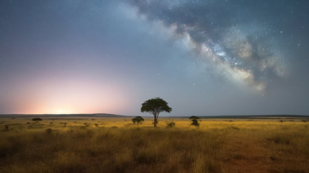 This breathtaking panorama of an African landscape is the perfect image to capture the dreamy beauty of the continent. With the vibrant colors of the orange sky and the majestic mountains in the background, it's a stunning scene that inspires awe and wonder. Africa, landscape, panorama, dreamy, sky,の素材