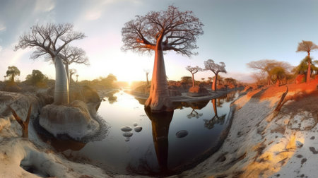 This breathtaking panorama of an African landscape is the perfect image to capture the dreamy beauty of the continent. With the vibrant colors of the orange sky and the majestic mountains in the background, it's a stunning scene that inspires awe and wonder. Africa, landscape, panorama, dreamy, sky,の素材
