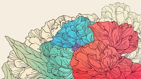 This digital painting features an array of vibrant carnations in a modern line art style. The combination of bright colors, intricate lines, and soft shading create a dreamy, captivating piece of art.の素材
