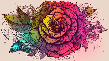 A vibrant and abstract digital painting of a rose, with beautiful colors and intricate line art. Splashes of pink, yellow, and white blend together in an amazing mix of shapes and patterns.の素材