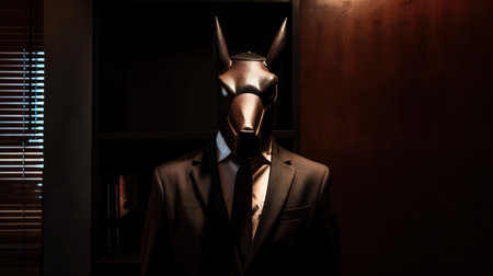 Anubis, the Ancient Egyptian God of mummification and the dead, wearing a stylish suit. He stands proud, his jackal-headed form looking sharp and confident in the well-tailored ensemble. His iconic headdress shows off the sharp lines of his suit, the dark fabric offset by a crisp white dress shirt and a slick black tie. His dark eyes are proud and sure, and his stance shows a calm, determined strength.の素材