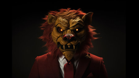 A sly, mythical Chimera strides confidently through a bustling city, wearing a perfectly tailored suit. His presence is both intimate and eye-catching, an enigmatic figure that cantの素材