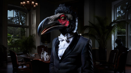 A cockatrice wearing a well-fitted suit stands triumphantly against a backdrop of a gray sky. The creature, an amalgam of a rooster and a dragon, looks out of place in its suit, but its proud bearing shows it knows it looks good. It has a look of confidence, like it is ready to take on the world.の素材