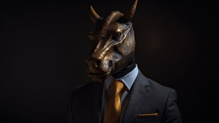 A well-dressed Minotaur is standing tall and proud. His tailored suit fits him perfectly, with a crisp white shirt and a black tie. He looks like he's ready to take on the world! Hの素材