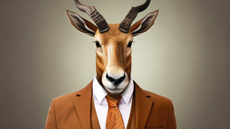 A modern-day faun is pictured wearing a stylish suit, setting a new trend for mythical creatures. His antlers and furry lower body are a stark contrast to the formal attire he has chosen to wear, yet it looks remarkably natural on him. He stands confidently, a symbol of the shifting conventional norms and powerful representation of diverse fashion.の素材