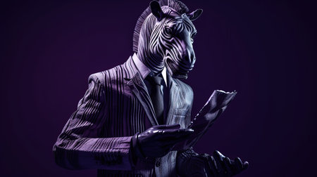 This artwork is a unique composition of vibrant colors and patterns. It features a zebra dressed as an investment broker, complete with a briefcase, standing against a deep purple background. The zebra's stripes are meticulously detailed and its facial expression is one of great focus and determination. The dark purple background creates a stark contrast with the white and black stripes of the zebra, making it stand out. This unique art piece is sure to be a conversation starter and brighten up any room.の素材
