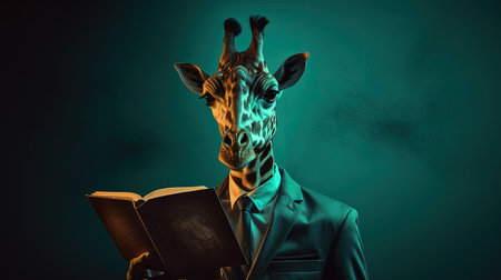 Portrait of a man in a suit with a book in the form of a giraffe.の素材