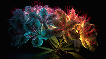 Creative Colorful Design of a Rhododendron. Rhododendron is a genus of flowering plants that includes evergreen and deciduous shrubs and small trees. They are noted for their showy clusters of large, often fragrant flowers and attractive foliage.の素材