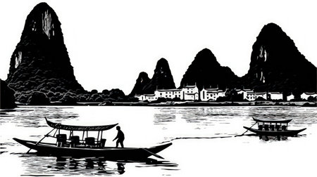 The image depicts a serene landscape, done in an Asian style ink wash technique. The image features a mountain range in the background, with several trees and a river in the foreground. The image is characterized by its use of soft, flowing lines and delicate shading, which give it a dreamlike quality.の素材