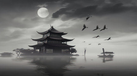 The image depicts a serene landscape, done in an Asian style ink wash technique. The image features a mountain range in the background, with several trees and a river in the foreground. The image is characterized by its use of soft, flowing lines and delicate shading, which give it a dreamlike quality.の素材